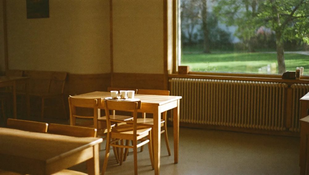 The cafe's simple seating area with wooden tables beside a large window looking out onto the park